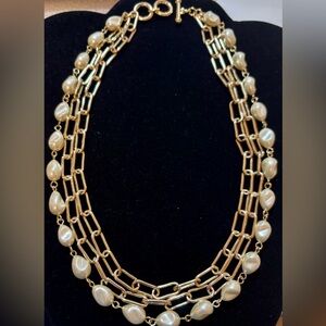 NECKLACE THREE STRAND PAPERCLIP CHAIN AND BAROQUE PEARLS